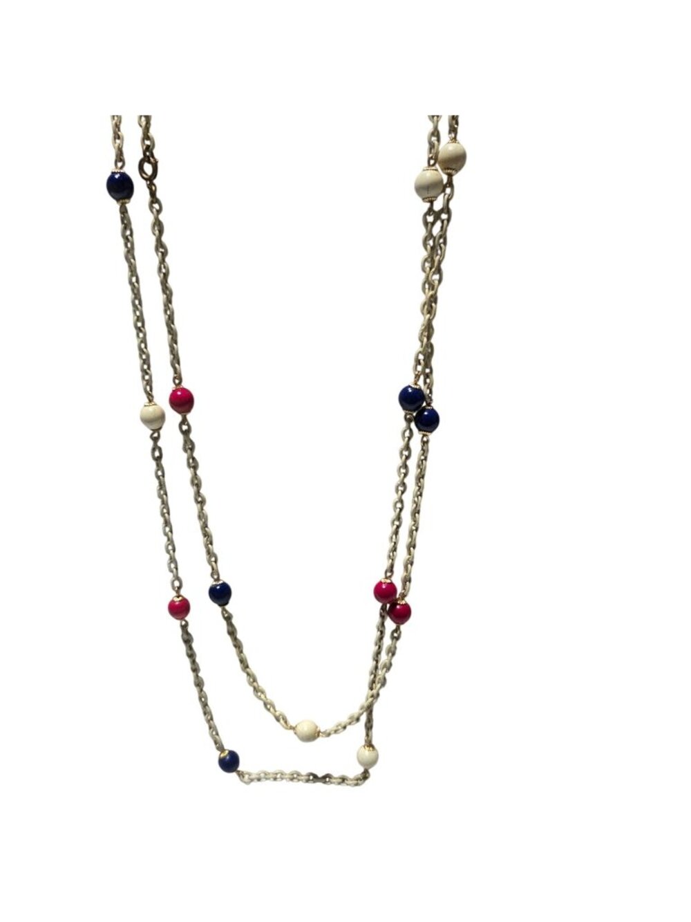 Vintage White Chain Link Necklace Red White Blue Beads Patriotic Fashion Jewelry